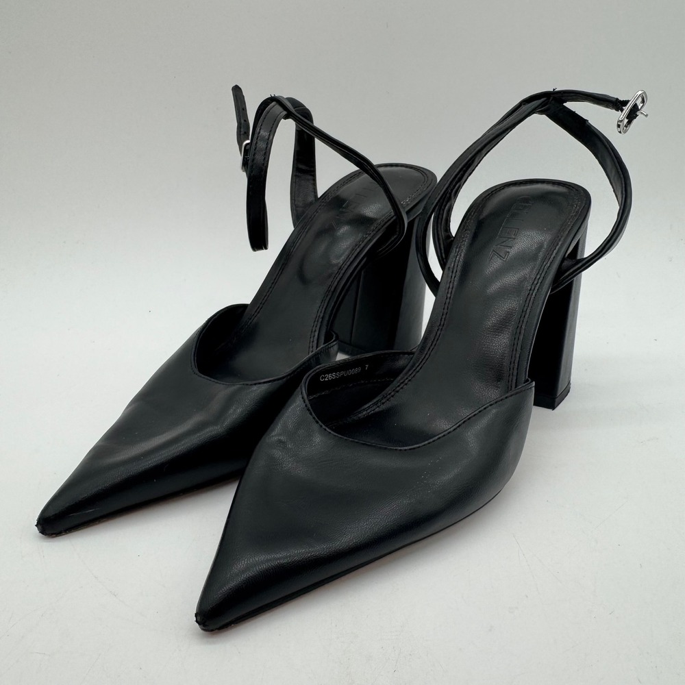 Cellenz Pumps Womens US 7 Black Pointed Toe Block Heel Buckle Ankle Strap Shoes